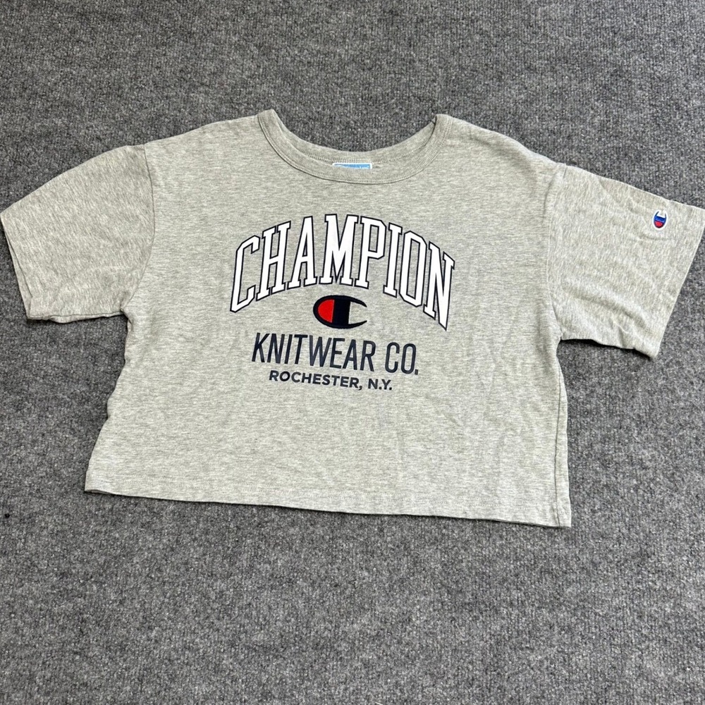 Champion Crop Top Womens Size Small Gray Cotton Graphic Short Sleeve Boxy Fit